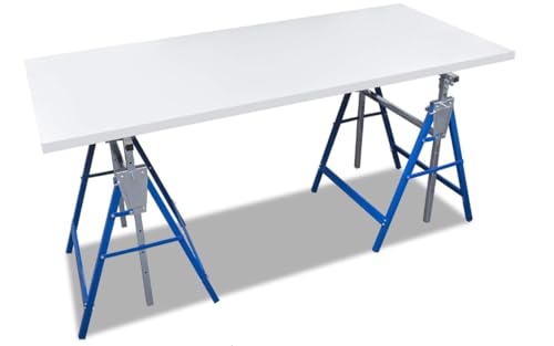 Caballete de Trabajo Telescópico, Capacidad de Carga máx. 200 kg, Caballetes Regulables en Altura - Altura de Trabajo 800-1300 mm, Incl. Juego de 2 - Plata/Azul