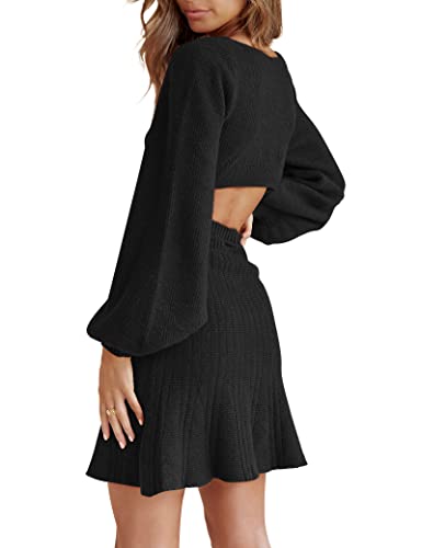 THANTH Women's Elegant Cutout Backless Short Sweater Dress Drawstring Lantern Long Sleeve Ruffle A-line Knit Mini Dresses Black M