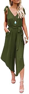 BELONGSCI Women Sleeveless Jumpsuit with Belt V-Neck Wide Leg Long (Army Green, L)