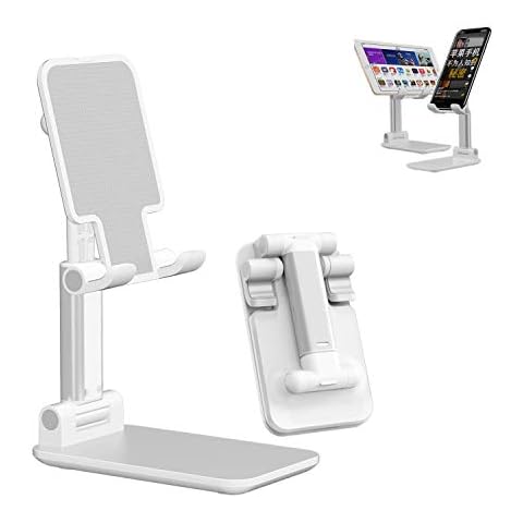 Meiyijia Foldable Phone Holder Desk Stand, Tablet&Phone Stand with reserved charging port, Adjustable Angle Design, Extendable Arm, White Cover