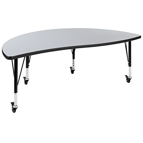 Flash Furniture Mobile 60" Half Circle Wave Collaborative Grey Thermal Laminate Activity Table - Height Adjustable Short Legs
