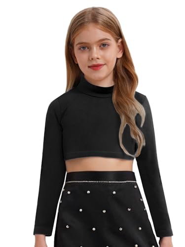 TiaoBug Crop Top de Manga Larga para Niña Camiseta de Danza Gimnasia Deportiva Yoga Top Básico de Elástico Sólido Disfraz Bailarina Niña Negro 6 años