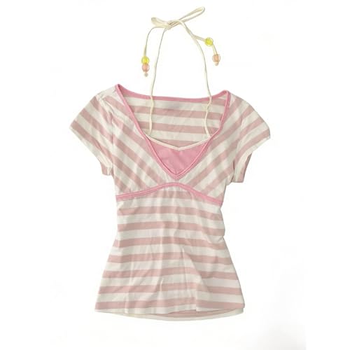 Kawaii Cutecore Harajuku Vintage Y2k 2000s Top Summer Alt Goth Emo Short Sleeve Graphic Tees (Pink White,Medium)