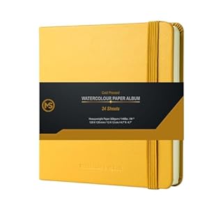 Watercolour Sketchbook Premium 300gsm /140lb 100% Cotton Paper 24 Sheets Off-White Cold-Pressed Sewn Binding 4.7" X 4.7" Album for Artists & Beginners Wet Media and Mixed Techniques-Leatherette Ochre
