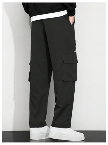 OYOANGLE Men's Letter Print Cargo Pants Drawstring Waist Flap Pocket Trousers Streetwear2