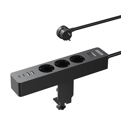 NTONPOWER Steckdosenleiste Schreibtisch mit Schalter, 3 Fach Tischsteckdose mit USB-C, 2 Meter Kabel, 2500 Watt Mehrfachsteckdose Tisch für Büro Office, Schwarz