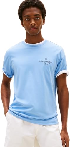 Tommy Hilfiger Camiseta de Manga Corta Hombre Outline Script tee Regular Fit, Azul (Cloudy Blue), M