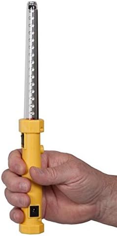 Hand holding Bayco SLR-2134 work light, showing the switch and the end with the spotlight and magnetic hook attachment point