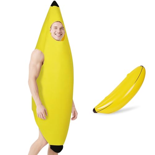 AYBUY Disfarce de banana, divertido disfarce de banana para adultos e 1 peça banana insuflável, disfarces fruta adulto para Halloween, para festas temáticas, Natal, Cosplay, Unissexo