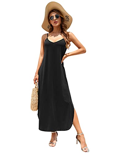 Huskary Hawaiian Dresses For Women Summer Maxi Dress Spaghetti Strap Long Loose Beach Cover Up Cami Maxi Dress With Pocket Black #TOP2