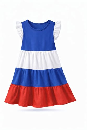 Image of HILEELANG Girls Cotton Tiered Dress Flutter Ruffle Sleeve Summer Swing Sundress Birthday Party Casual Outfit Colorblock 2-12Y