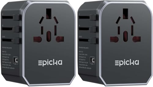 EPICKA 2 Pack Universal Travel Adapter, International Plug Adapter with 4 USB-A & 1 USB-C Ports, Travel Power Adapter Worldwide, All-in-One Wall Charger for USA EU UK AUS (TA-105, Grey)