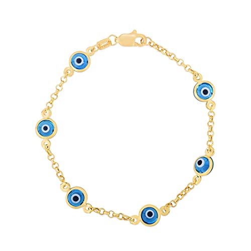 14K 5.5 Inch Yellow Gold Shiny Rolo Link Chain Station Evil Eye Bracelet With Pear Shape Clasp #TOP15