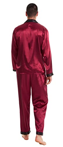 TONY & CANDICE Men's Classic Satin Pajama Set Sleepwear (Burgundy with Black Collar, XX-Large)