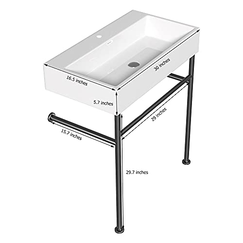 Console Sink with Black Legs - Logmey 30 Inch Ceramic Basin Glossy White Rectangle Porcelain Freestanding Wall Mount Bathroom Sink With Tower Bar And Chrome Finishi Overflow,Pedestal Bathroom Sink
