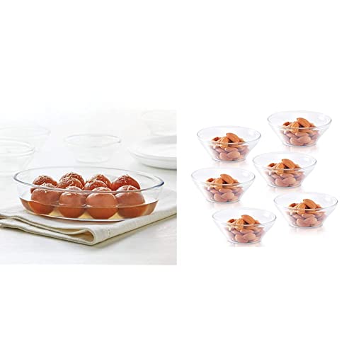 Image of Borosil Oval Baking Dish, 700ml, Transparent & Venus Glass Katori Set, 170ml, Set of 6, Transparent Combo