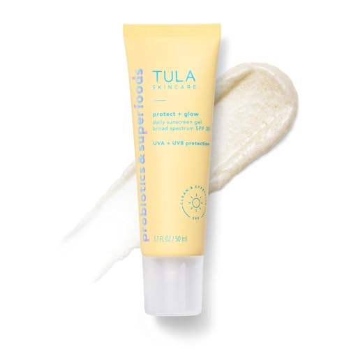 Best Face Sunscreen for Women Over 60 That Doesn't Look Chalky or Ashy 3 TULA Skin Care Protect + Glow Daily Sunscreen - Gel, Broad Spectrum SPF 30, Skincare-First, Non-Greasy, Non-Comedogenic and Reef-Safe with Pollution and Blue Light Protection, Regular, 1.7 fl oz.