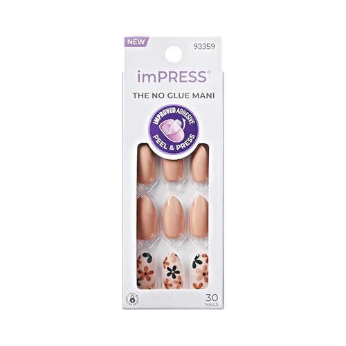 KISS imPRESS No Glue Mani Press On Nails, Design, 'As It Was', Beige, Medium Size, Almond Shape, Includes 30 Nails, Prep Pad, Instructions Sheet, 1 Manicure Stick, 1 Mini File