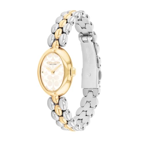 Image of Coach Sammy Qtz Basic Silver White Oval Dial Women's Watch|Stainless Steel & Ionic Plated Thin Gold Steel Material|Gold Color Band - 14504419