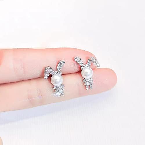 Crystal Rabbit Stud Earrings Sterling Silver Pins for Women Girls Cubic Zirconia Pearl Bunny Pet Statement Earrings Cartilage Studs Wedding Earrings Cute Jewelry Gifts Easter