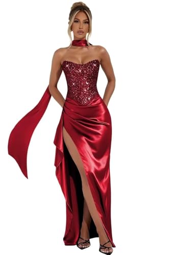 AKLASU Strapless Satin Prom Dresses for Women Sparkly Sequin Mermaid