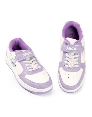 Disney Lilo & Stitch Girls Purple & White Trainers | Hook and Loop Closure Footwear for Kids | Stitch & Angel Characters