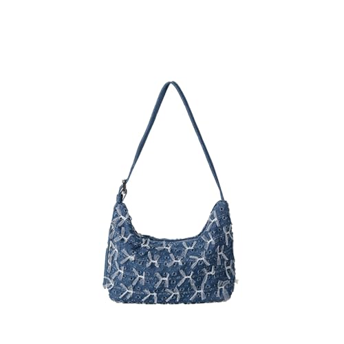 Denim Bow Purse Jean Lace Cute Y2K Handbag for Women Kawaii Casual Roomy Retro Chic Denim Bag