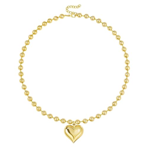 KELORIS PATH Heart Necklace for Women, 14K Gold Plated Chunky Puffy Pendant Charm Choker, Trendy Statement Ball Chain Jewelry Gifts