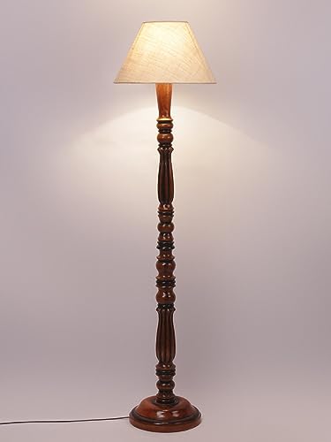 Image of White Jute Shade Wooden Floor Lamp with Wooden Base, Height - 53 Inches | Contemporary Standing Lamp for Living Room, Bedroom & Office | Elegant Lighting for Stylish Home Interiors
