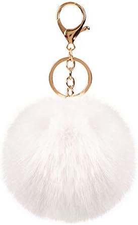 LUVI Artificial Faux Rabbit Fur Keychain Fluffy Plush Ball PomPom Ball Charm Key Chain Purse Decoration Cute Car Key Decor Puff Purse Decor Handbag Bag Charm Decoration for Women Girls White