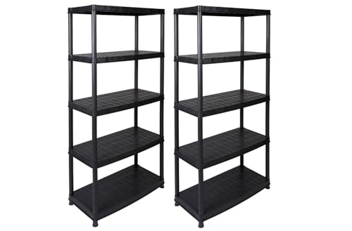 Kreher® 2 x XL Schwerlastregal Kunststoff - 85x40,5x185 cm - 5 Böden, 300 kg Traglast - Stecksystem, teilbar 3+2 Böden, TÜV geprüft, rostfrei & wetterfest - Für Keller, Garage, Werkstatt & Garten