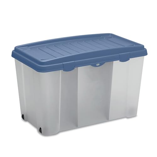 Casaria® Boîte de rangement 120 L couvercle bleu plastique transparent empilable sans BPA caisse de rangement roulettes