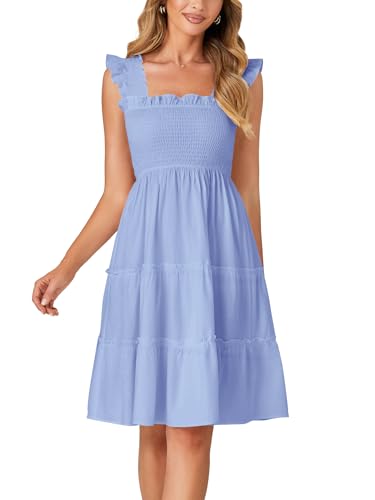Image of Rooscier Women's Square Neck Smocked Ruffle Sleeveless Tiered A Line Sundress Mini Dress
