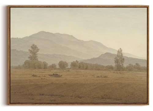 Image of KISSFOX Vintage Landscape Framed Wall Art Grassland Mountain Canvas Wall Art Minimalist Neutral Farmhouse Serene Countryside Paintings Artwork Rustic Art Prints For Bedroom Living Room
