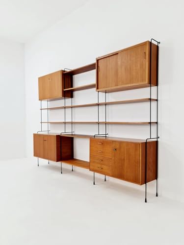 Solid Wood Bookcase for Home Office Mid Century Teak Shelving Unit for Home Office, Easy Assembly(Black)