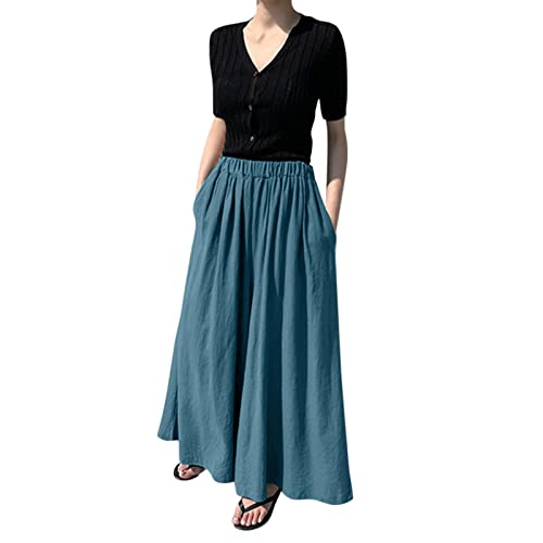 Calça feminina casual de linho e algodão com cintura elástica, calça para ioga, bolsos e pernas larg
