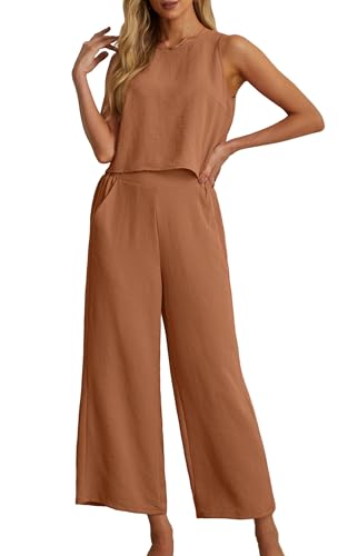 IWOLLENCE Lounge Wear Sets For Women UK 2 Piece Summer Outfits Women Sleeveless Cropped Tank Top and Wide Leg Trouser Set (Brown, M)