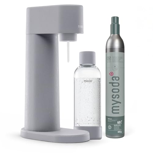 Mysoda: Woody Set - Wassersprudler aus erneuerbarem Holzkomposit mit 1L Quick-Lock BPA-freier Plastikflasche und CO2-Zylinder - Grau