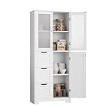 HOCSOK Mueble Columna de Baño, Mueble Auxiliar de Almacenaje con 3 Puertas y 3 Cajones, Armario de Madera de Suelo con Estante Aajustable, Moderno, Blanco