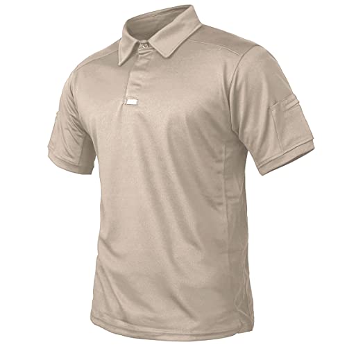 CARWORNIC Men's Performance Lightweight Tactical Polo Shirt Quick Dry Short Sleeve Sport Hiking Shirt Summer Casual Work Fishing Outdoor Golf Shirt Khaki