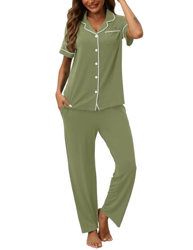 Image of HNG Women Pajamas Set 2 Piece Button Up Pajamas Pant and Short Sleeve Shirt for Woman Pj Sets with Pocket