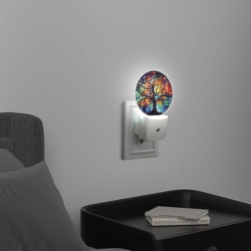 Image of Round LED Night Lights Lamp with Dusk to Dawn Sensor, Vibrant Tree of Life with Branches Night Light Plug Into Wall for Kids Room, Bedroom, Bathroom, Kitchen, Hallway (Pack of 2)