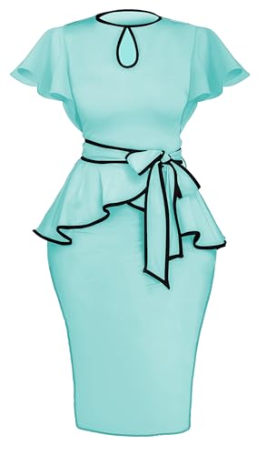 Image of Women's Vintage Bodycon Church Ruffle Sleeve Ruched Dresses Work Midi Pencil Dress