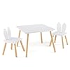 HONEY JOY Kids Table and Chair Set Children Wooden Activity Table 2 Chairs Set Solid Wood Legs Easy Assembly 3 Piece Rabbit Themed Toddler Furniture Set for Art Craft White