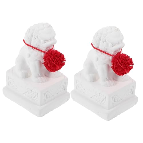 OSOLADY ミニライオンの置物 2個セット セメント製 卓上ライオンの飾り 安定素材使用 室内装飾用 中国風守護獅子の像 机上装飾 小型ライオン模型 分厚さ6.8cm