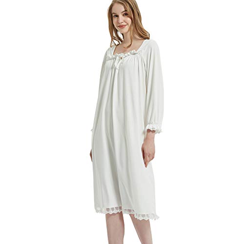 Cityelf Women’s Vintage Lace Nightgown Victorian Style Nightshirt Lounge Dress Stretchy Pajama Shirt Sleepwear White #TOP24