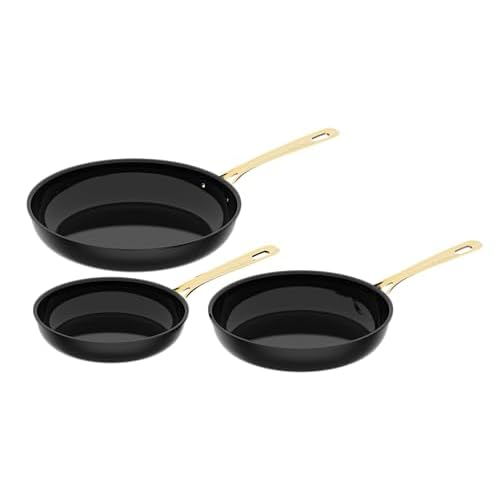 Chef Power Ceramic Cookware Sets, 5Pcs Pots and Pans Set Non Stick, Cookware Set with Stainless Steel Handle, Dishware & Oven Safe, Stone Black and Light Gold Handle