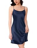THXSILK Women's Sexy Silk Nightgown, 6A Top Grade 100% Mulberry Silk Sleepwear Round Neck Spaghetti Strap Chemise Short Slip Dress (Medium Size, Navy Blue)