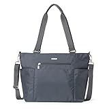 Baggallini Essential Laptop Tote - Work Tote Bag with Laptop Sleeve - Lightweight Travel Crossbody Shoulder Bag for Women, Charcoal Gray