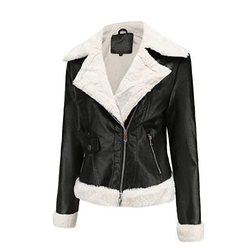 Lemononstore Sherpa Lined Jacket Women, Winter Warm Faux Leather Fleece Moto Biker Jackets Zip Asymmetrical Short Coats Black #TOP6